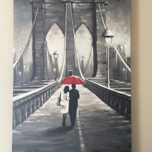 Romantic Stroll Canvas Art with Red Umbrella